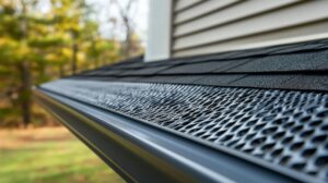 Micro-mesh gutter guard installed over black gutter system.