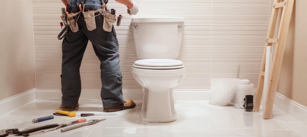 Plumber working on a toilet installation in a modern residential bathroom during renovation work.