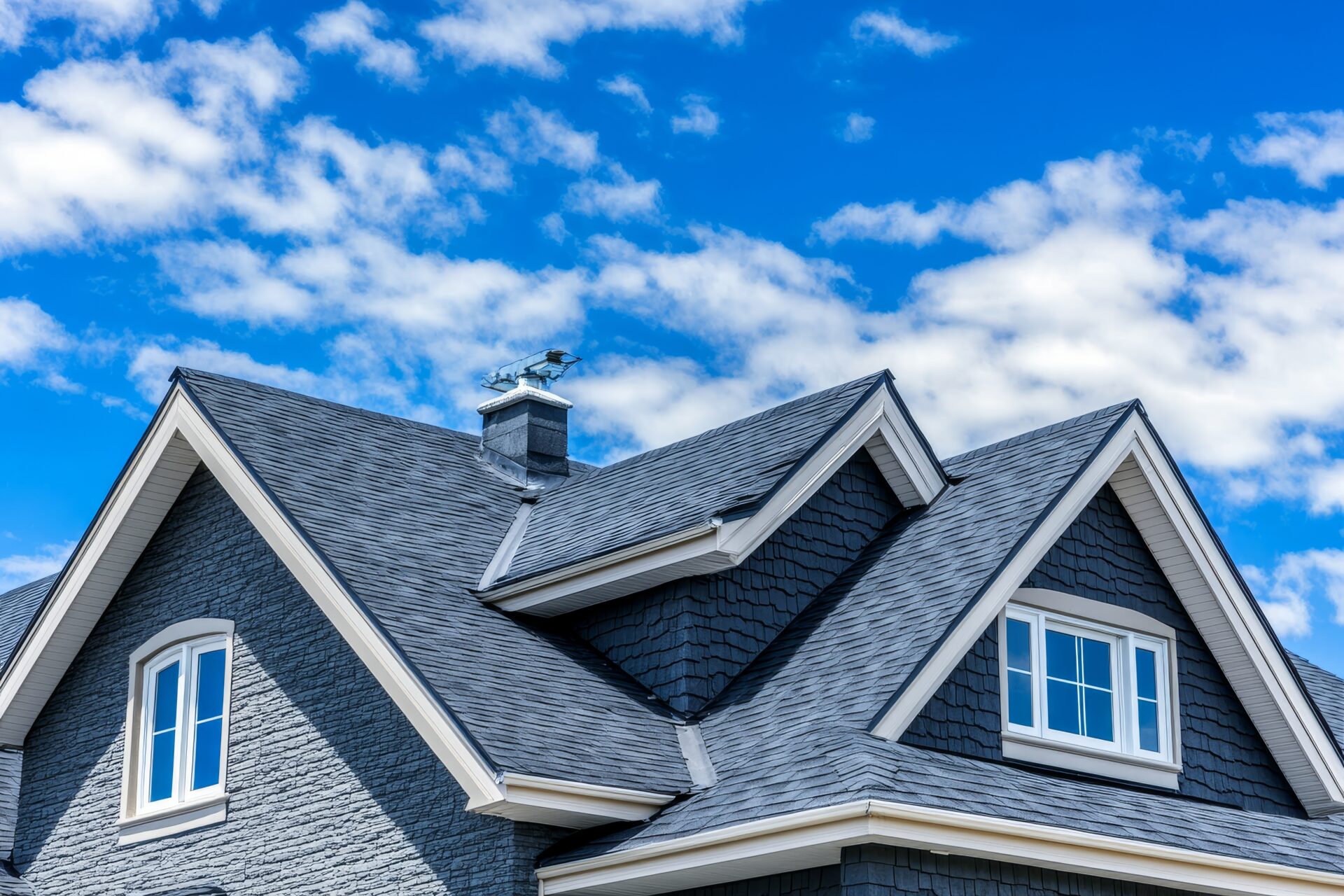 Grey asphalt shingle roof under a blue sky.