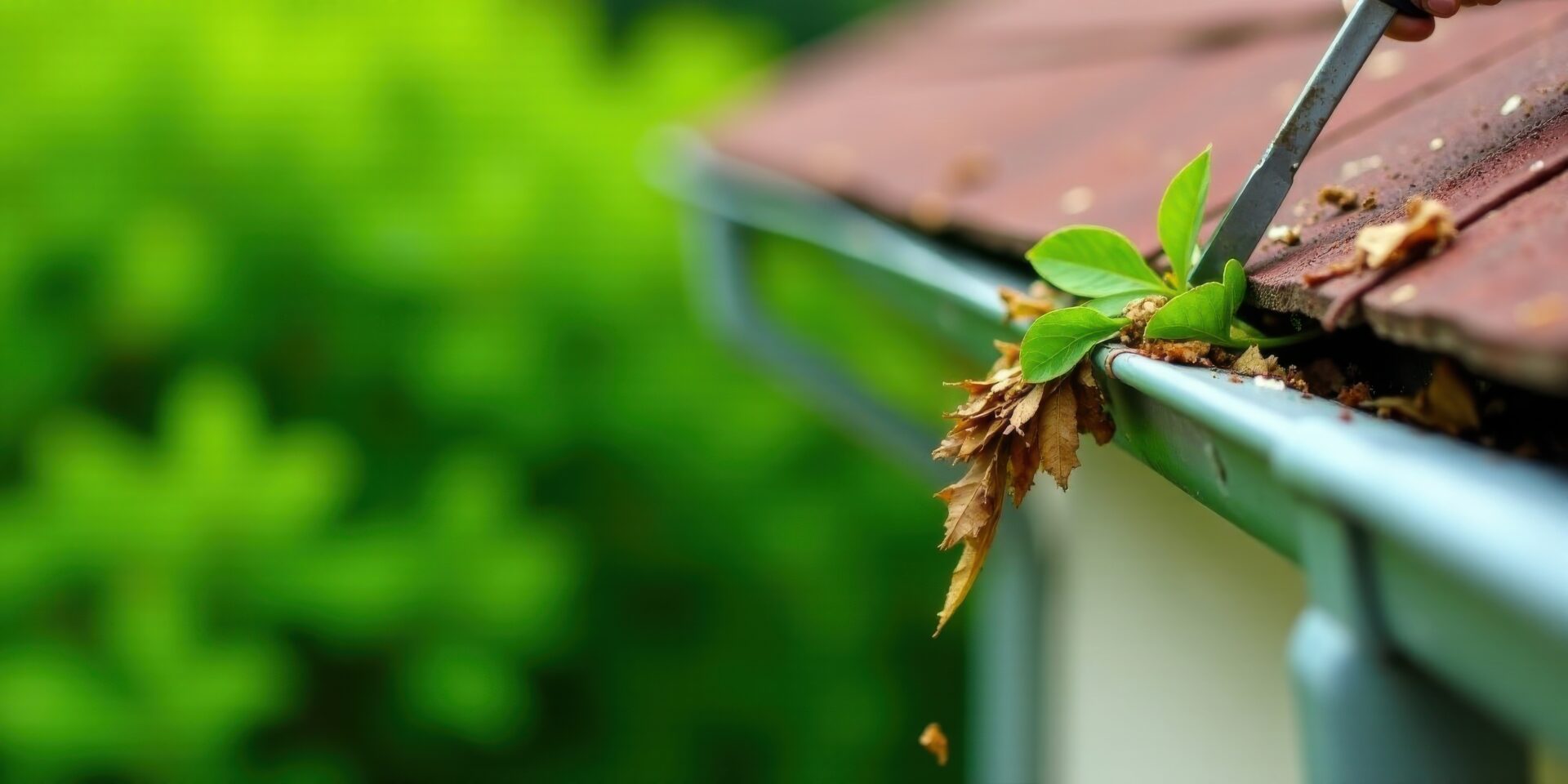 Half-round metal gutter filled with leaves on a house.