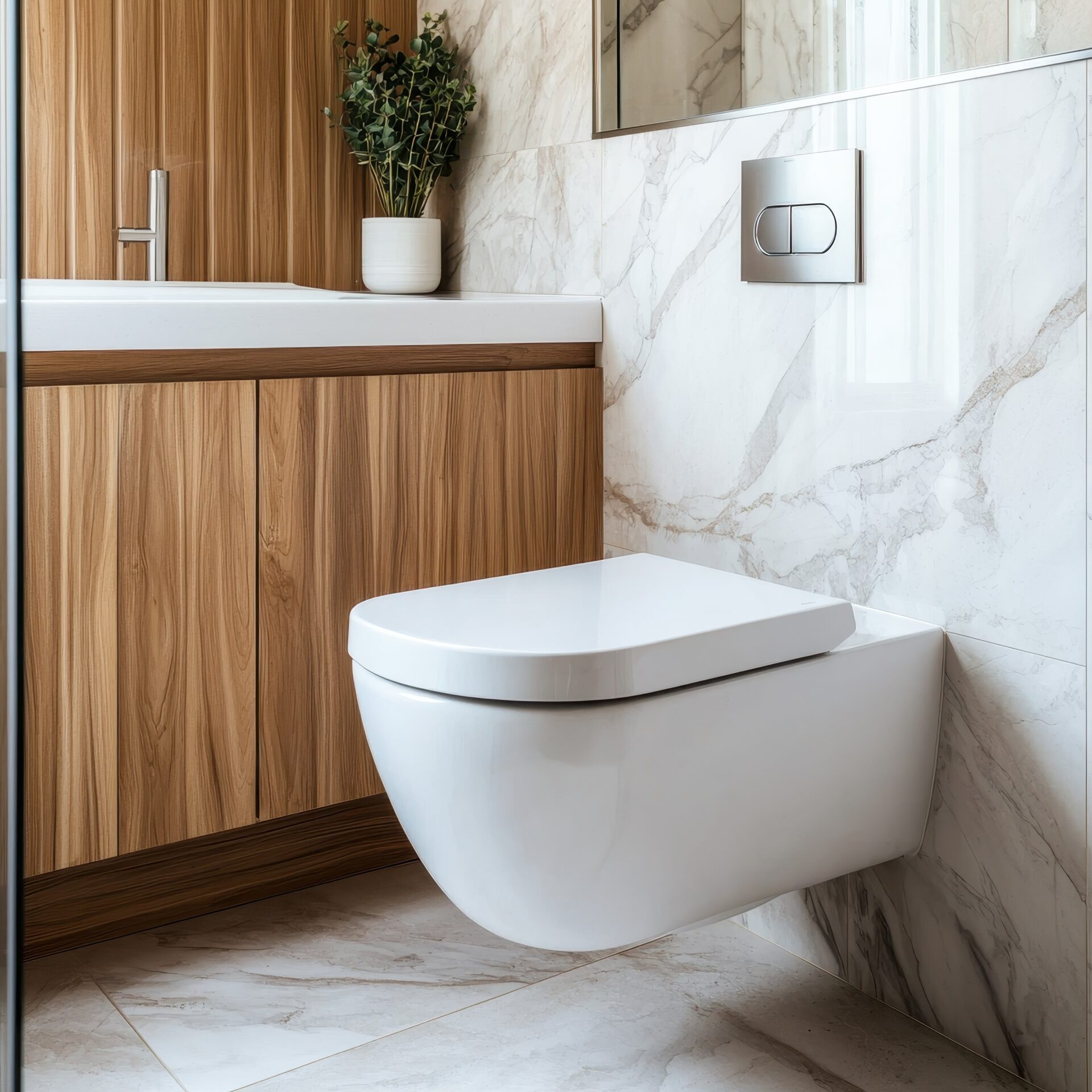 A modern bathroom featuring a stylish wall-mounted toilet, sleek cabinetry, and elegant marble tiles.