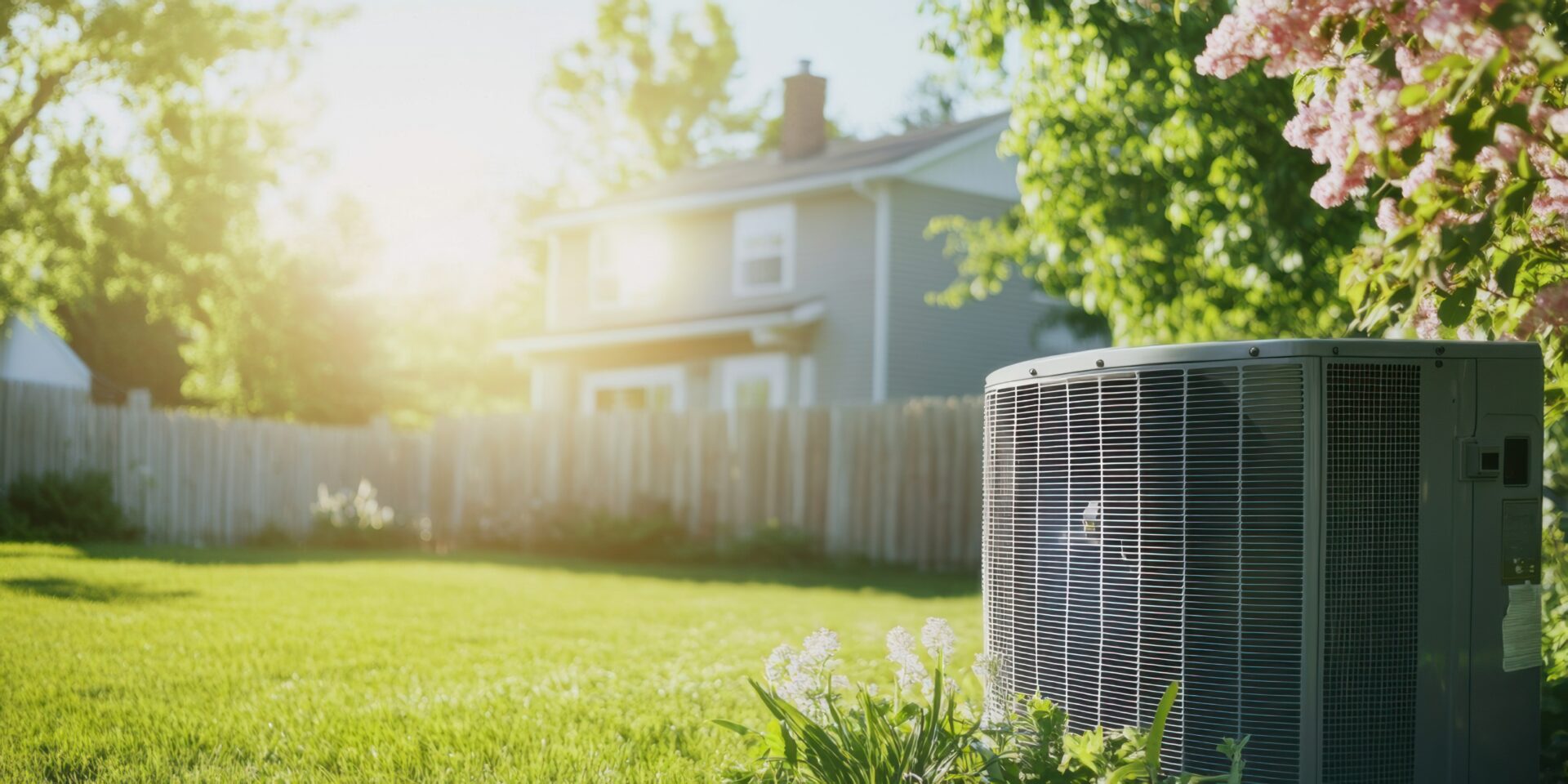 Outdoor air conditioning unit on a sunny day in a residential backyard