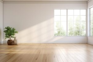 Light streaming though a large window into a room.