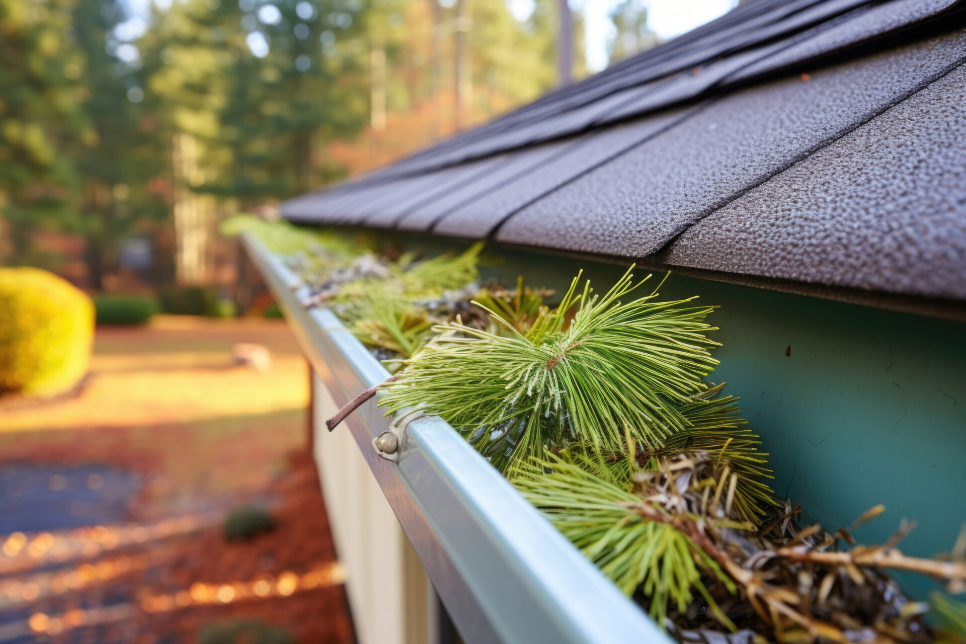 Gutter clogged with pine needles.