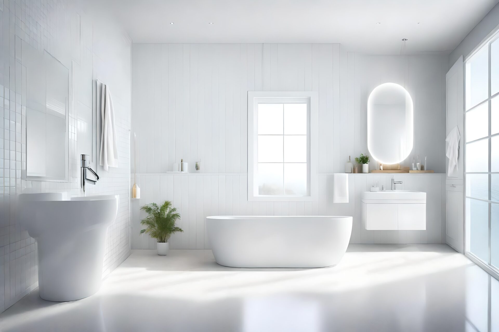 Bright remodeled bathroom with bathtub, sink, and mirror.
