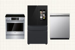 Bosch HEI8056U Electric Convection Range, Samsung Bespoke 4-Door French Door Refrigerator, and LG Front Control Dishwasher with QuadWash™ isolated on a grid paper background