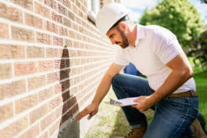 worker inspecting crawl space in house foundation