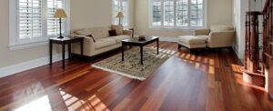 Living room with cherry wood flooring