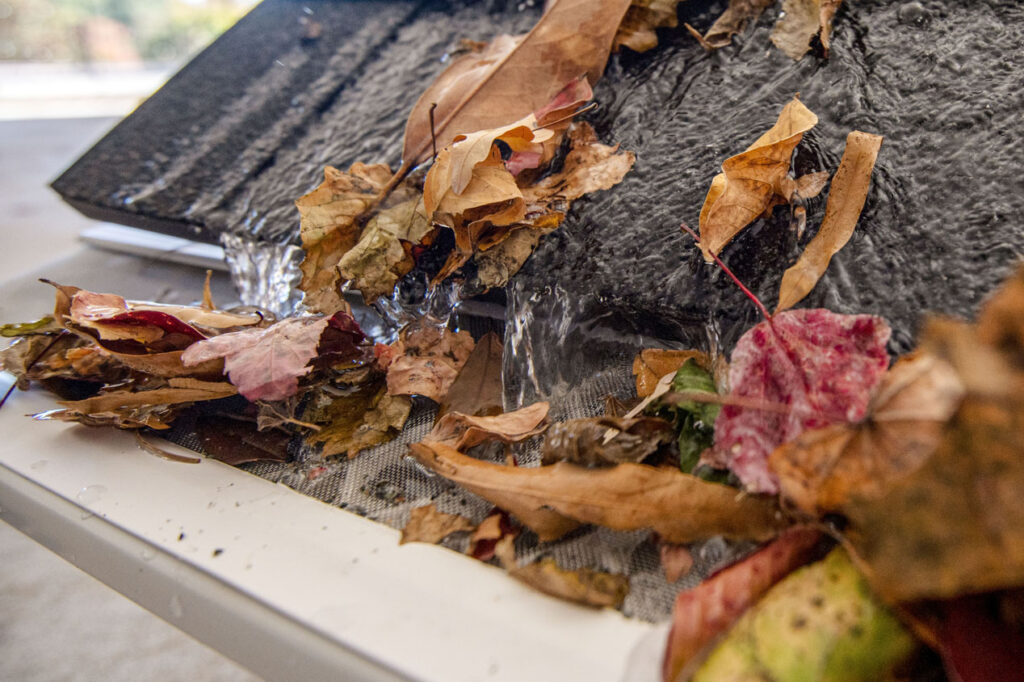 Close-up of a LeafFilter gutter guard with water flowing and leaves on the mesh.