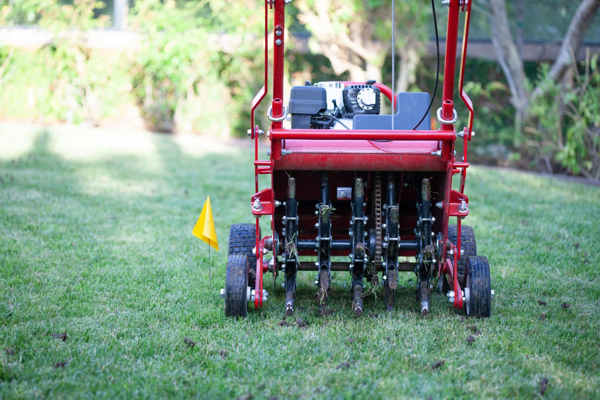 A photo of a red and black lawn aeration machine, sitting on a grass lawn, with a yellow flag next to it