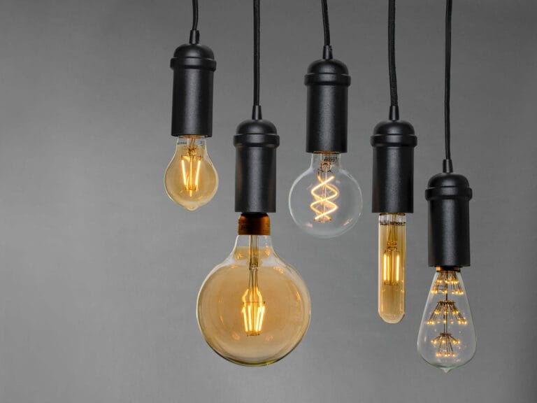 A variety of different types of light bulbs hanging from black cords.