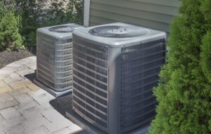 HVAC unit outside of house on a paver patio