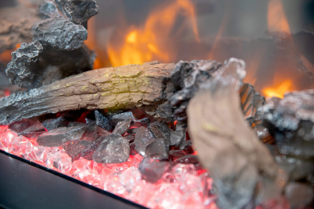 Lit electric fireplace.